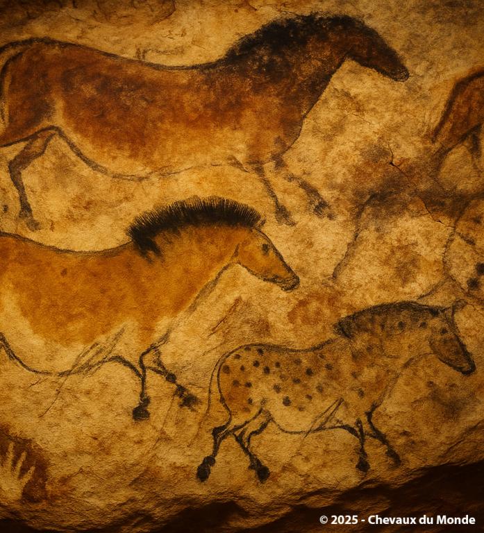  Peintures rupestres de chevaux préhistoriques dans une grotte ornée, avec détails de robes et symboles en ocre et charbon.