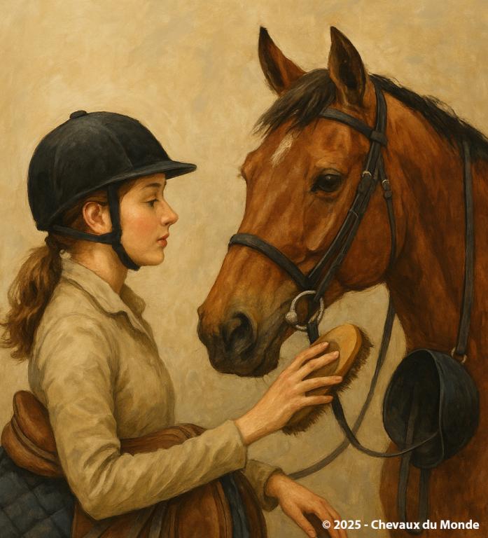 Jeune cavalière brossant un cheval bai avant la monte.