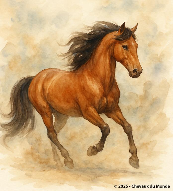 Aquarelle d’un cheval alezan galopant avec élégance.