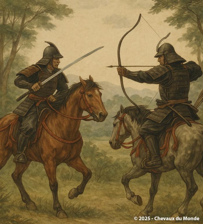 Peinture traditionnelle de deux samouraïs à cheval, l’un armé d’un arc et l’autre d’un katana, illustrant les arts martiaux équestres du Japon féodal.