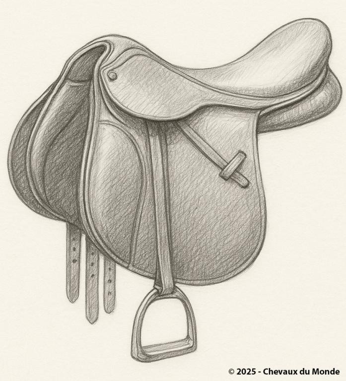 Dessin au crayon d’une selle de cheval classique vue de profil.