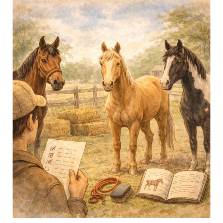 Personne observant et comparant plusieurs chevaux dans un paddock pour choisir son premier cheval