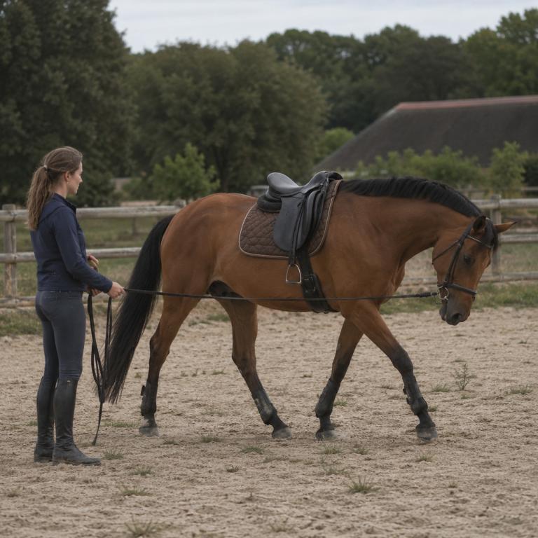 Jeune cheval monté en longe lors d’une séance de travail dans une carrière extérieure