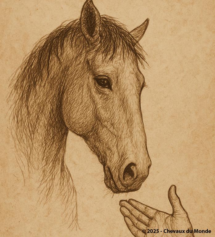  Dessin sépia représentant un cheval de profil tendant la tête vers une main humaine ouverte, sur fond de parchemin texturé.