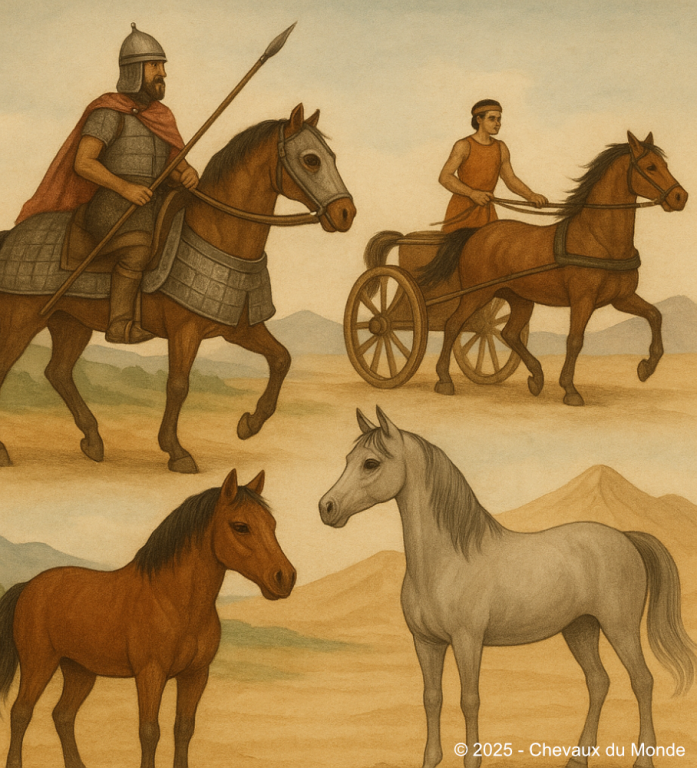 Illustration de chevaux issus de différentes civilisations, dont un cheval de guerre, un cheval de char et deux chevaux de type oriental et montagnard.