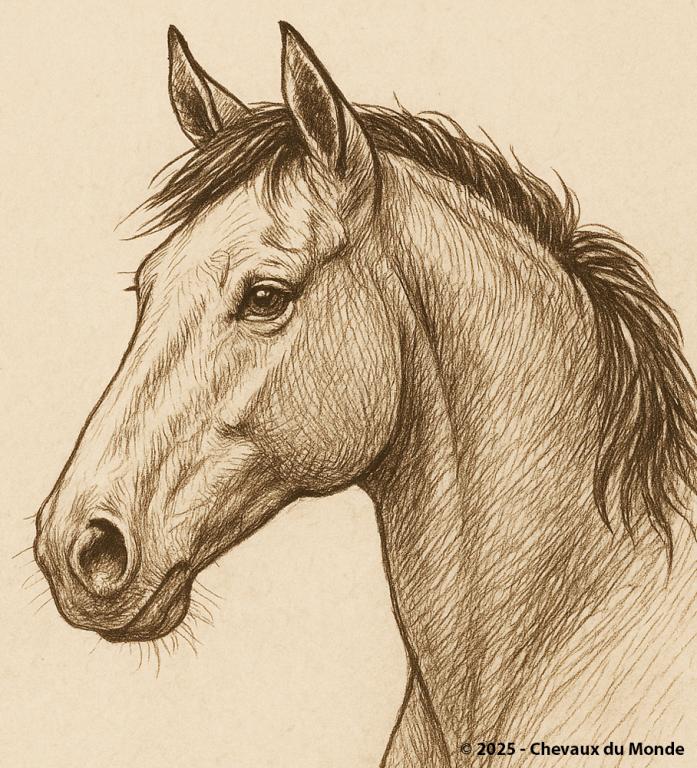 Dessin au trait sépia représentant la tête d’un cheval de profil, réalisé à l’encre sur fond beige texturé.