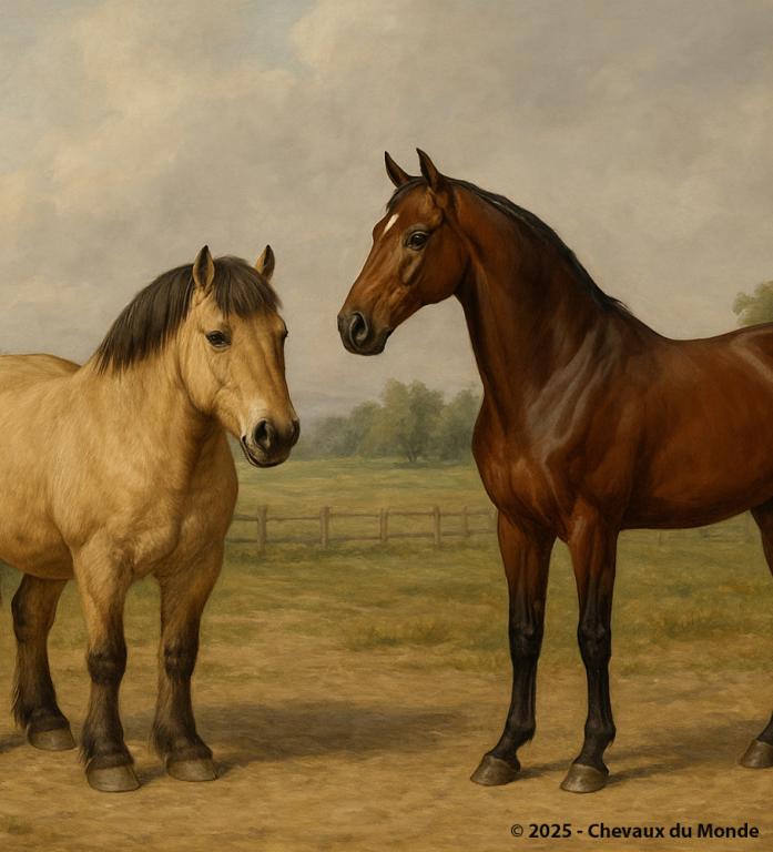 Deux chevaux côte à côte dans un paysage champêtre : à gauche un cheval rustique trapu de type Fjord, à droite un cheval de sport élancé de type Selle Français.