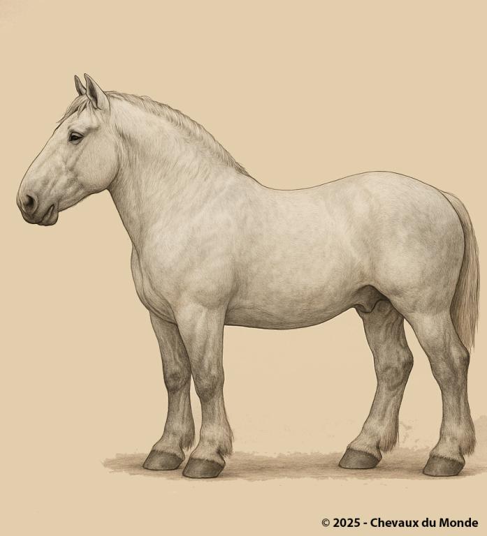 Cheval Boulonnais vu de profil gauche, illustré de manière réaliste, représentant une race locale de trait menacée selon le bilan 2022 sur la génétique équine.