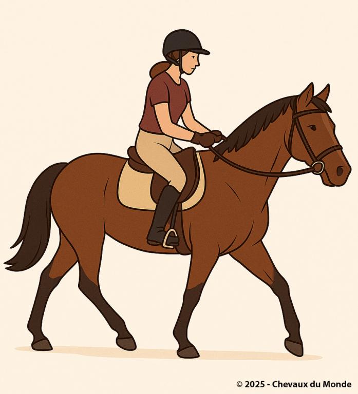 Illustration d’un cavalier débutant montant un cheval dans une carrière, en tenue d’équitation.
