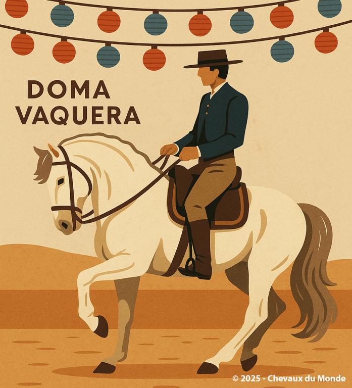 Illustration stylisée d’un cavalier andalou en tenue traditionnelle exécutant une figure de Doma Vaquera sur un cheval blanc, sous les lanternes d’une feria espagnole.
