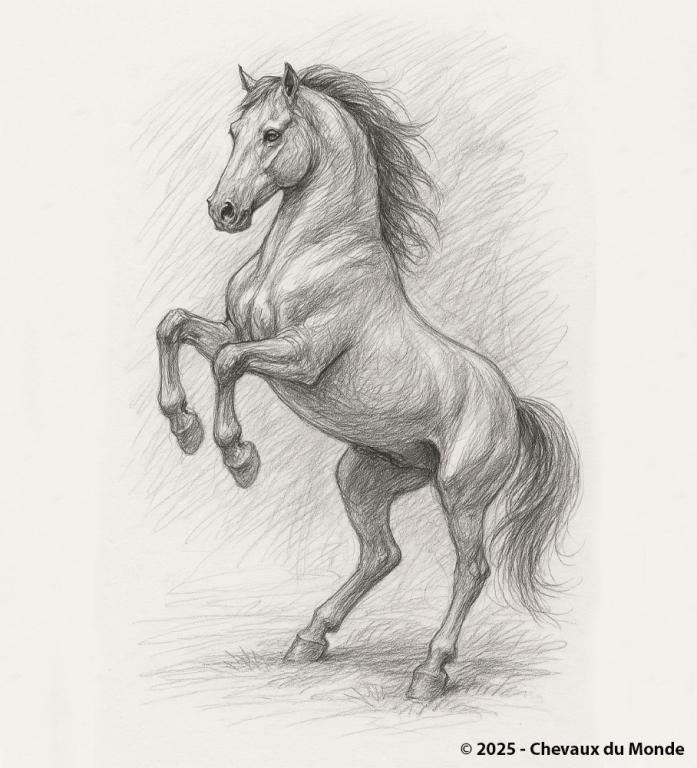 Dessin au crayon d’un cheval cabré, capturant sa puissance et son élégance.