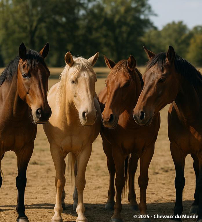 Quatre chevaux de robe différente rassemblés dans un champ en été, en semi-cercle, observant l’objectif.