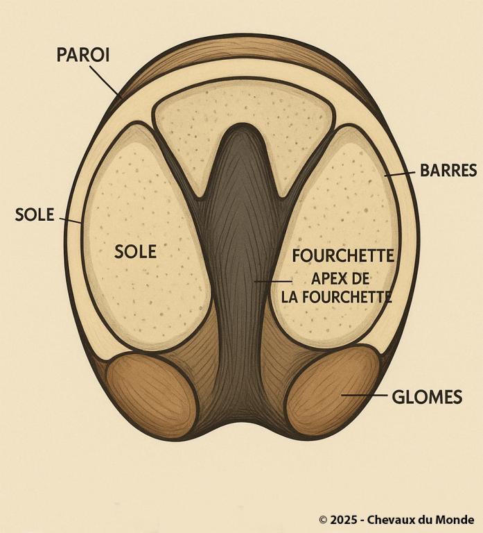 Vue plantaire anatomique du sabot de cheval montrant la paroi, la sole, la fourchette avec son apex, les barres et les glomes.