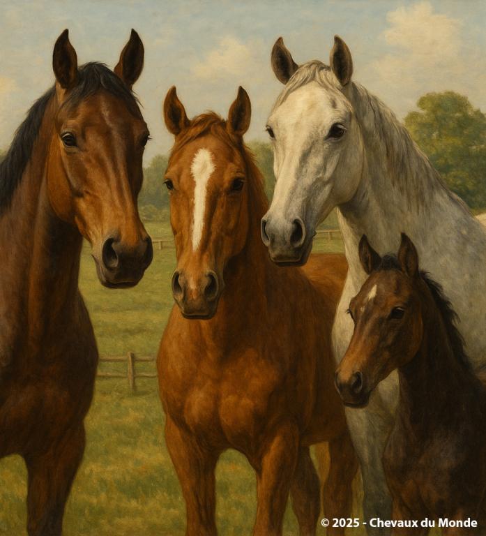 Peinture traditionnelle représentant quatre chevaux de différentes couleurs dans un pré verdoyant, symbolisant la diversité des origines équines