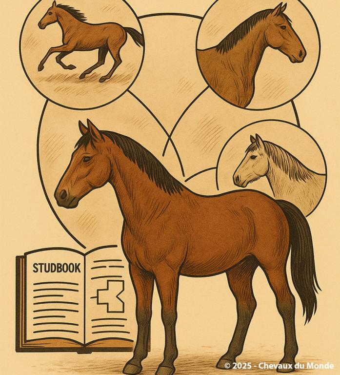 Silhouette d’un cheval élégant devant un arbre généalogique stylisé, symbolisant l’importance des origines dans la sélection équine