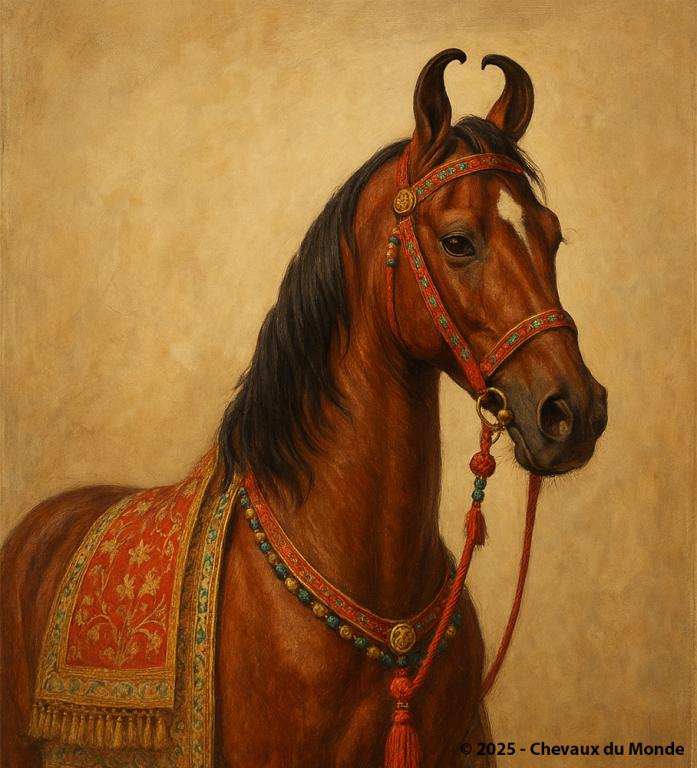 Portrait d’un cheval Marwari bai, orné de harnachements traditionnels indiens, avec ses oreilles incurvées caractéristiques.