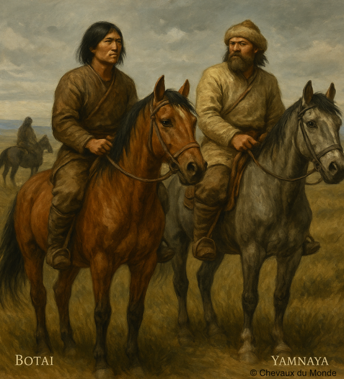 Cavaliers Botai et Yamnaya montés sur leurs chevaux dans les steppes eurasiennes.