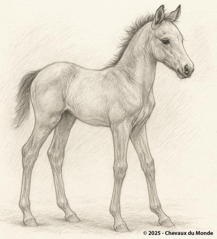 Illustration au crayon d’un jeune poulain debout en profil latéral