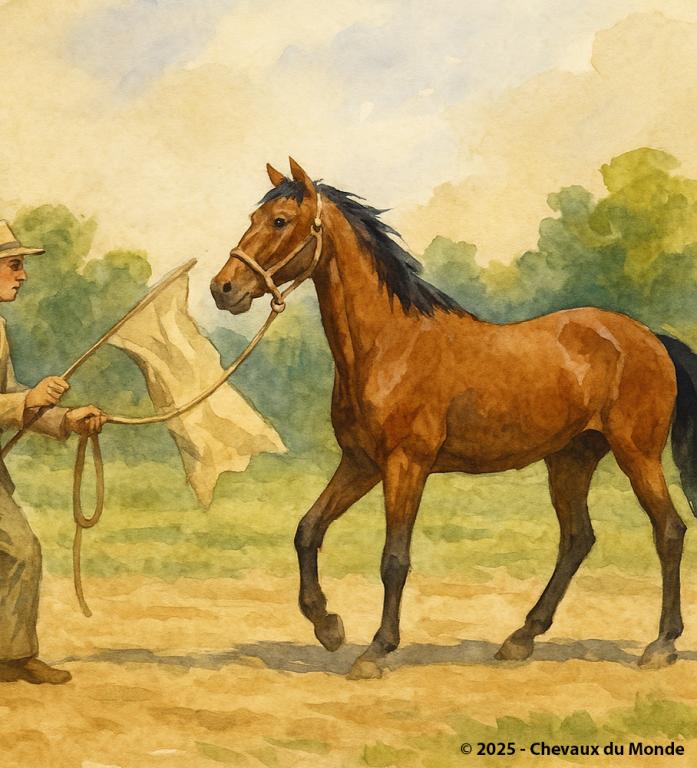 Aquarelle vintage montrant un cheval bai en longe, confronté à un drapeau agité par un dresseur lors d’un exercice de désensibilisation.