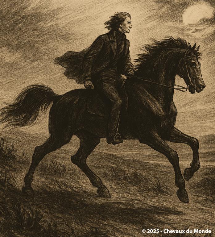 Illustration romantique d’un cavalier solitaire galopant dans un paysage nocturne, sous un ciel tourmenté.
