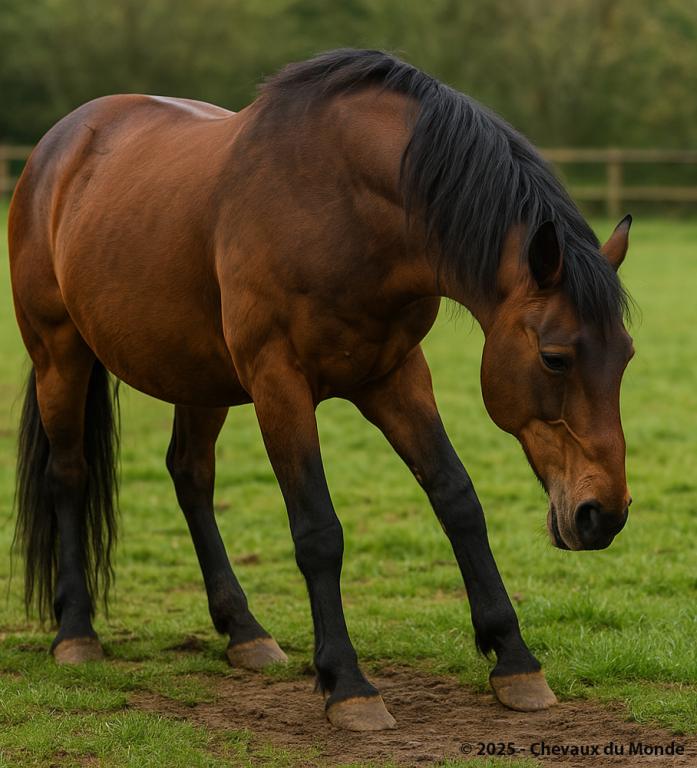 Cheval bai en prairie adoptant une posture caractéristique de la fourbure, avec les antérieurs avancés pour soulager la douleur.