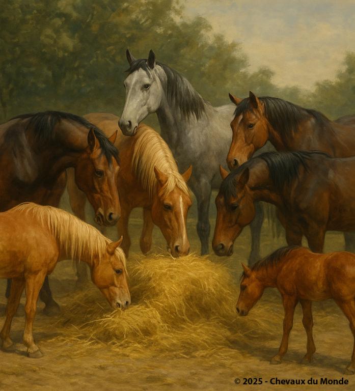 Groupe de chevaux autour d’un tas de foin, illustrant la hiérarchie alimentaire avec un cheval dominant en avant et d’autres en attente.