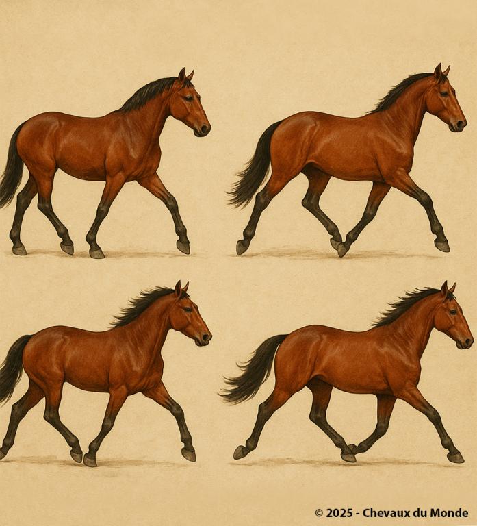 Illustration d’un cheval bai au pas, au trot, au galop et à l’amble, montrés en vue latérale.