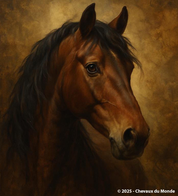 Portrait artistique d’un cheval bai de profil, sur fond brun texturé.