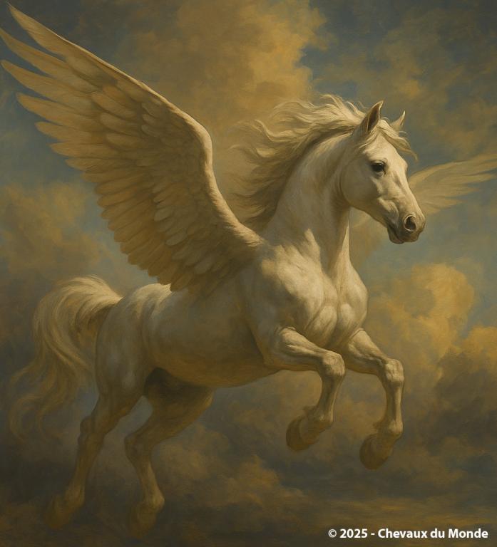 Représentation artistique du cheval ailé Pégase s’élevant dans les cieux, sur fond de nuages dorés et de lumière céleste.