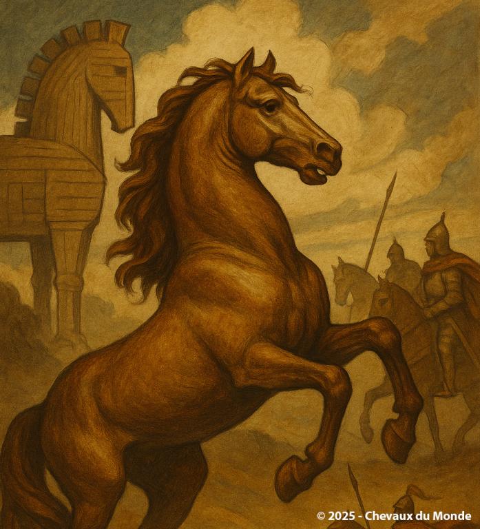 Un cheval majestueux en plein mouvement, avec un fond de scènes mythologiques et médiévales, illustrant la place du cheval dans l'art et les légendes à travers les âges.
