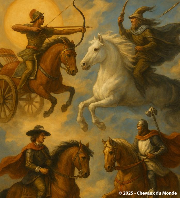 Peinture symbolique représentant des chevaux à travers différentes époques artistiques, mêlant scènes mythologiques, équestres et spirituelles.