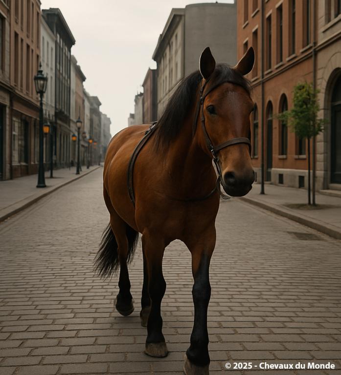 Un cheval bai marche calmement dans une rue pavée bordée d’immeubles anciens et modernes, baignée d’une lumière douce du matin.