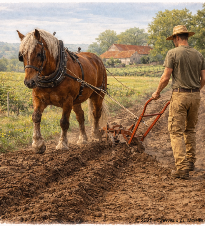 Cheval de trait travaillant en traction animale dans un champ cultivé, accompagné d’un agriculteur pratiquant une agriculture durable.