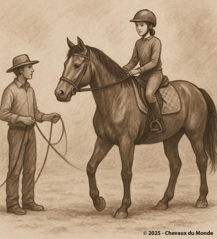 Illustration vintage d’un jeune cheval au débourrage, monté par un cavalier débutant sous la surveillance d’un dresseur à la longe.