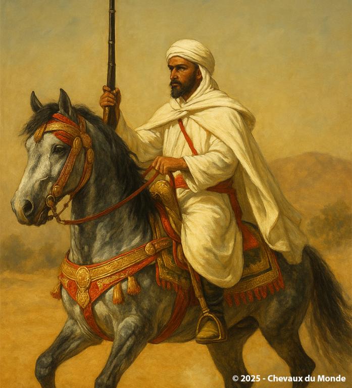 Cavalier marocain en tenue traditionnelle montant un cheval Barbe richement harnaché, dans le désert lors d'une fantasia.
