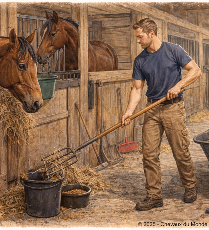 Palefrenier-soigneur nettoyant un box et distribuant du foin à des chevaux dans une écurie, assurant leur entretien quotidien.