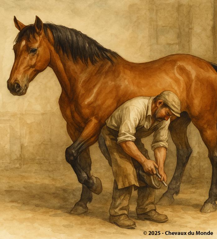 Aquarelle vintage montrant un maréchal-ferrant en train de parer le sabot avant gauche d’un cheval bai, dans une écurie traditionnelle.