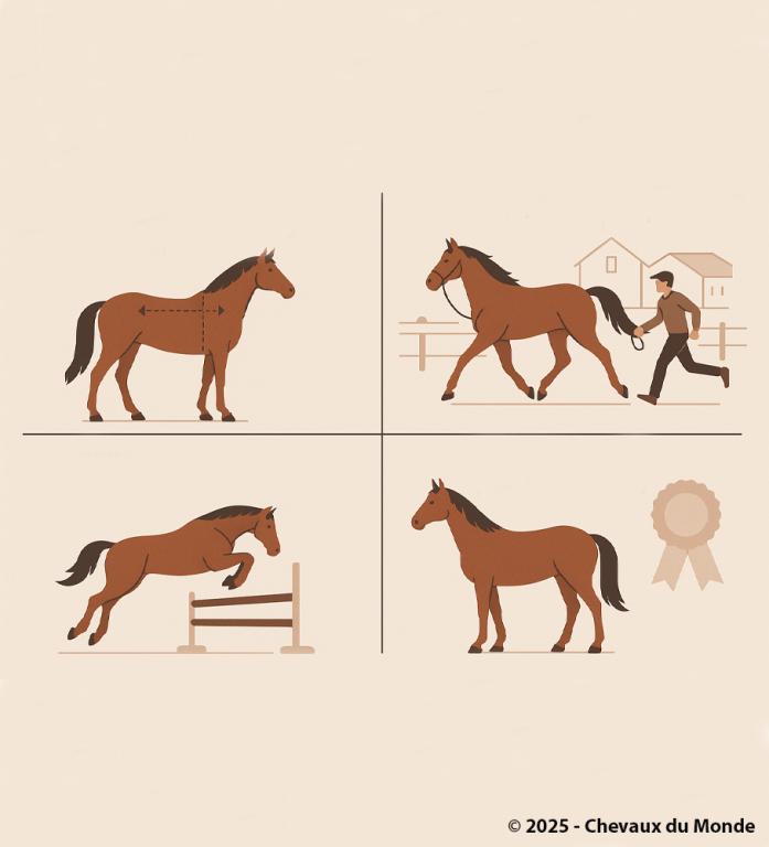 Illustration schématique montrant un cheval évalué morphologiquement, un cheval en test en station, un cheval sautant un obstacle et un cheval approuvé pour ses résultats.