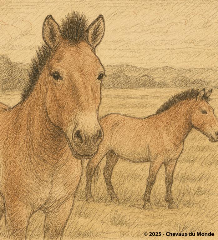 Dessin de deux chevaux de Przewalski dans les steppes, symbole de la sauvegarde de l’espèce grâce aux zoos et programmes de réintroduction.