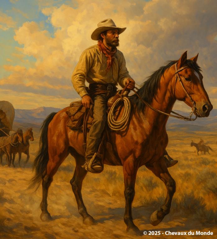 Cowboy à cheval menant un troupeau avec un chariot de pionniers et des Amérindiens à cheval en arrière-plan, dans les Grandes Plaines.