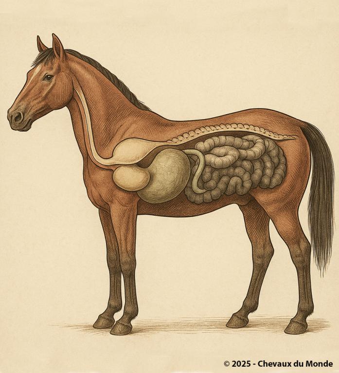Illustration anatomique du système digestif du cheval, montrant les organes internes en coupe latérale : œsophage, estomac, intestin grêle, cæcum, côlon et rectum, dans un style vintage détaillé.