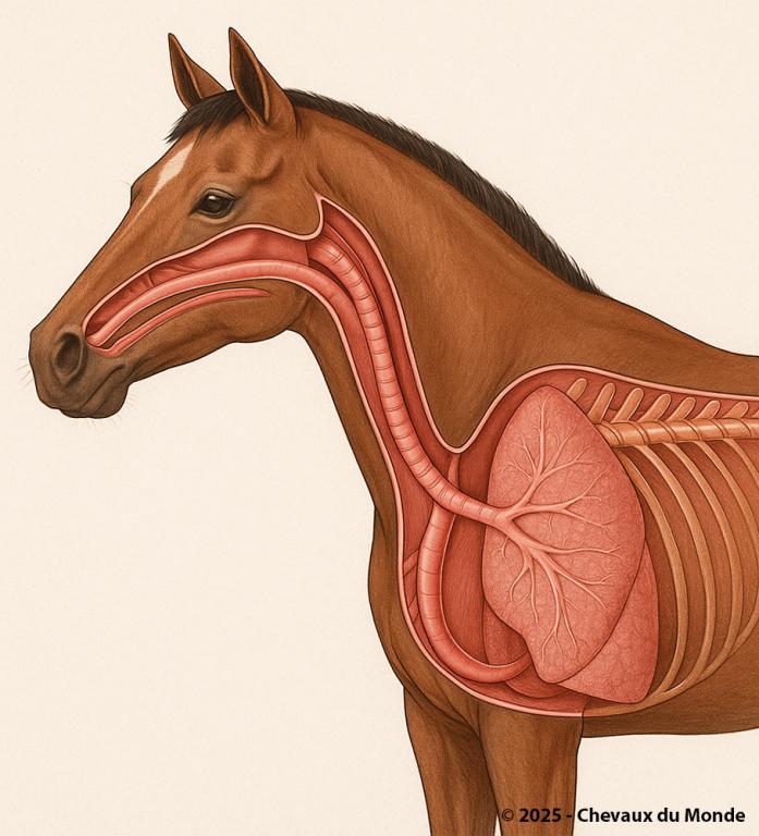 Schéma simplifié du système respiratoire du cheval avec cavité nasale, larynx, trachée, bronches et poumons.