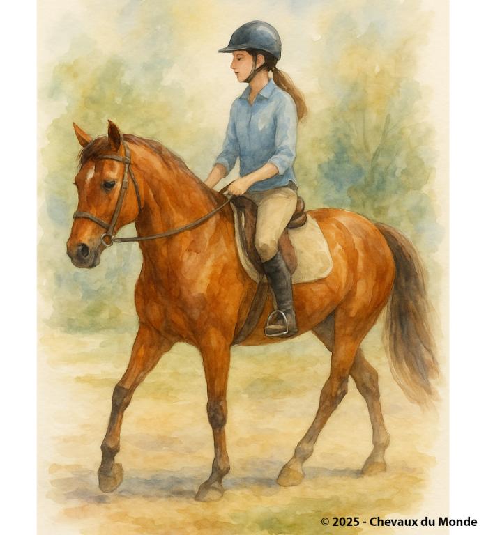 Aquarelle d’un jeune cavalier montant un cheval alezan au pas dans un manège.