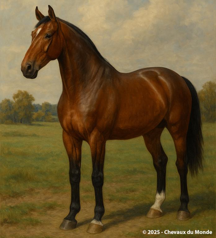 Illustration d’un cheval à sang tiède, puissant et élégant, dans un style classique.