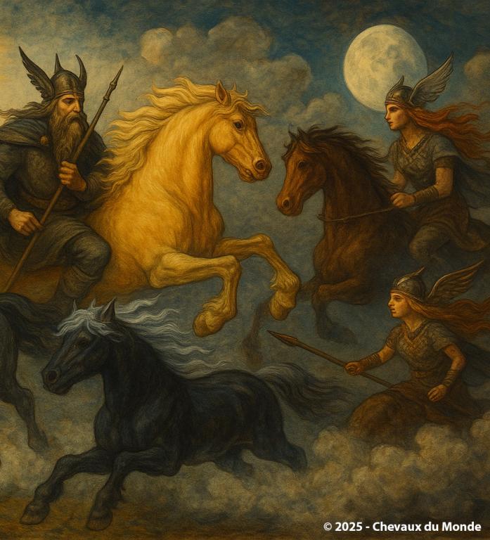 Illustration mythologique représentant Odin sur Sleipnir, son cheval à huit jambes, accompagné de chevaux légendaires et de Valkyries sous le soleil et la lune.