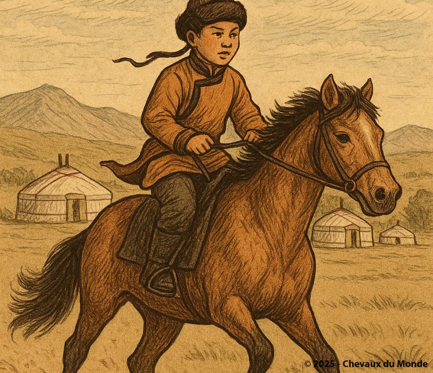 Enfant mongol à cheval lors du Naadam, galopant à travers la steppe avec des yourtes en arrière-plan