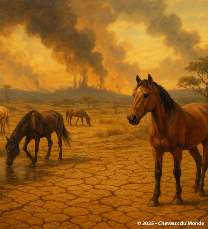Chevaux dans un paysage aride sous un ciel orangé, cherchant de l’eau dans une mare asséchée, tandis qu’à l’horizon, des incendies embrasent la plaine.