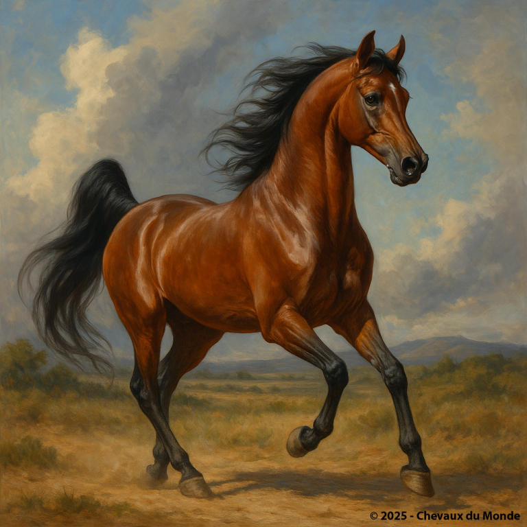 Cheval de type oriental au galop dans un paysage ouvert, montrant une musculature fine, une encolure arquée et une expression vive, sur fond de ciel partiellement nuageux.