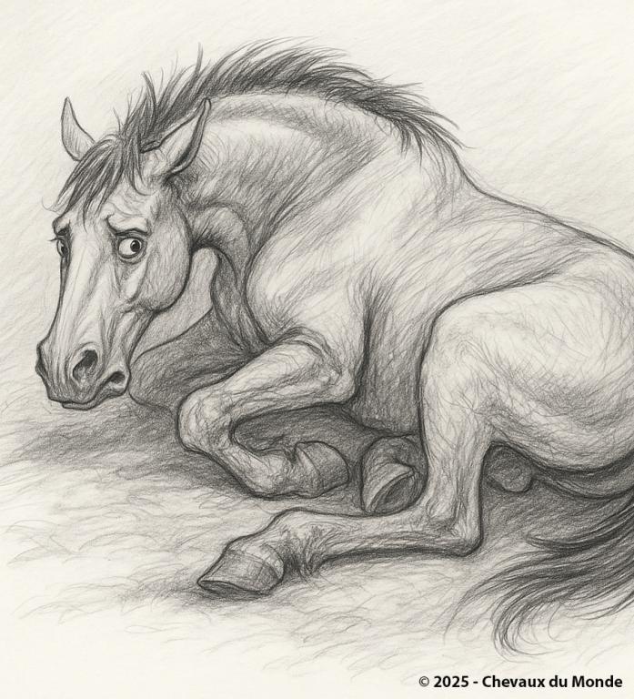 Dessin au crayon d’un cheval couché sur le flanc avec une expression de douleur et d’inconfort, illustrant une crise de colique.