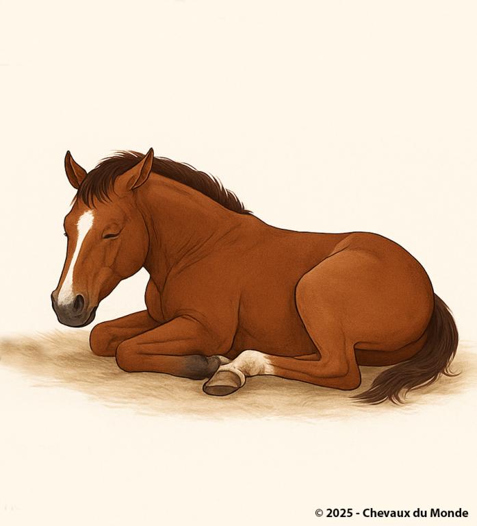 Illustration d’un cheval couché sur le flanc, utilisée pour expliquer les cycles de sommeil et de repos chez le cheval.
